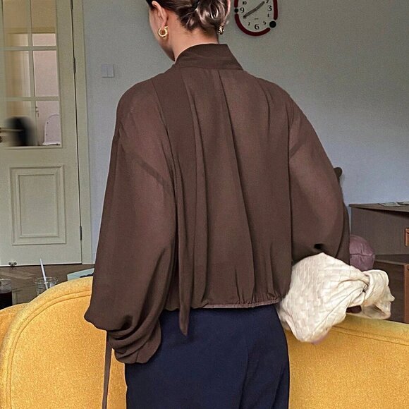 Brown Casual Women's Loose Long Sleeve Tie Shirt Blouse - Picture 3 of 10